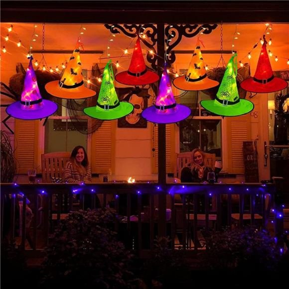 8Pcs Hanging Glowing Witch Hats 44ft Halloween Outdoor Lights String - Picture 2 of 7